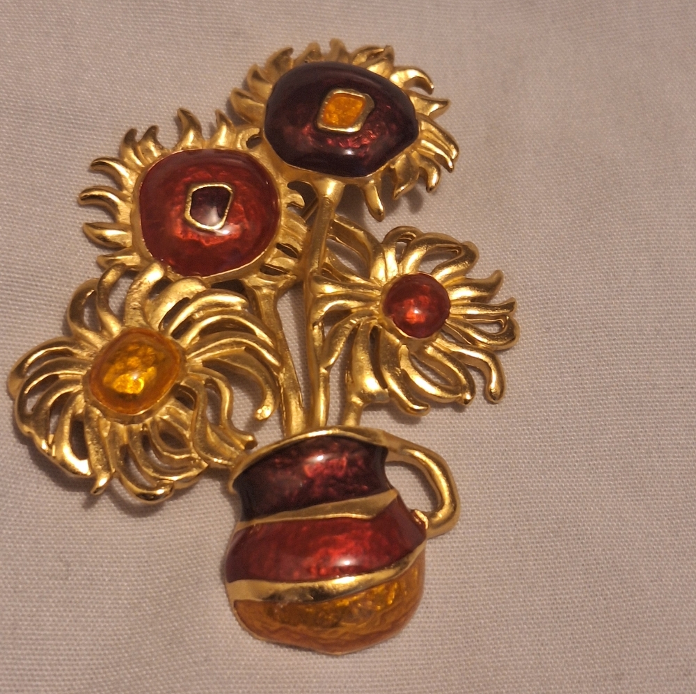 Vintage Yves Saint Laurent X AVON Gold Tone and Red Floral Brooch